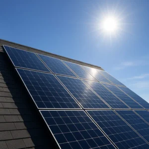 An array of clean, modern solar panels on a roof under a bright, clear sun, symbolizing peak solar panel efficiency.