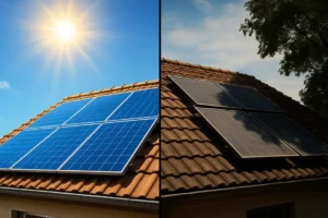 A split-screen comparison showing the difference in solar panel efficiency. The left side shows perfectly angled panels in bright sun, while the right side shows poorly angled, shadowed panels.
