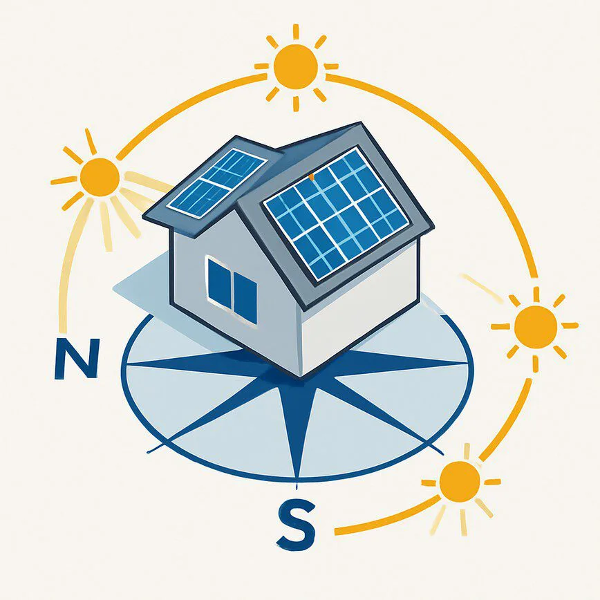 A clear diagram to visually explain the concept of 'Direction (Azimuth)' and how south, east, and west-facing panels capture sunlight at different times of the day.