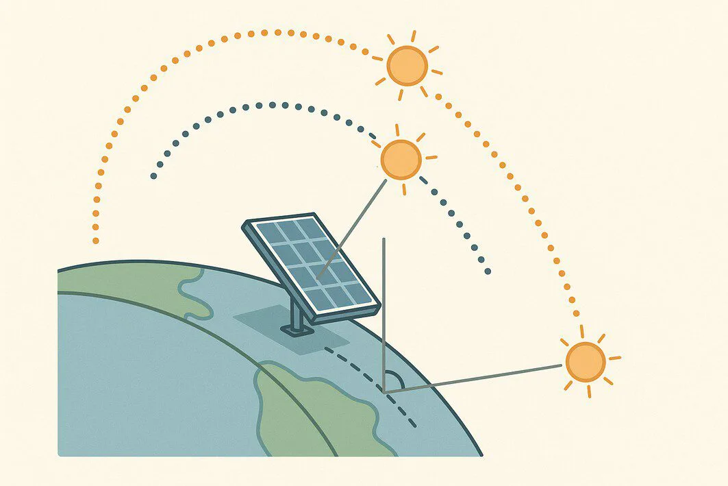A side-view diagram to illustrate how the optimal 'Angle (Tilt)' of a solar panel relates to the sun's seasonal height and the location's latitude.