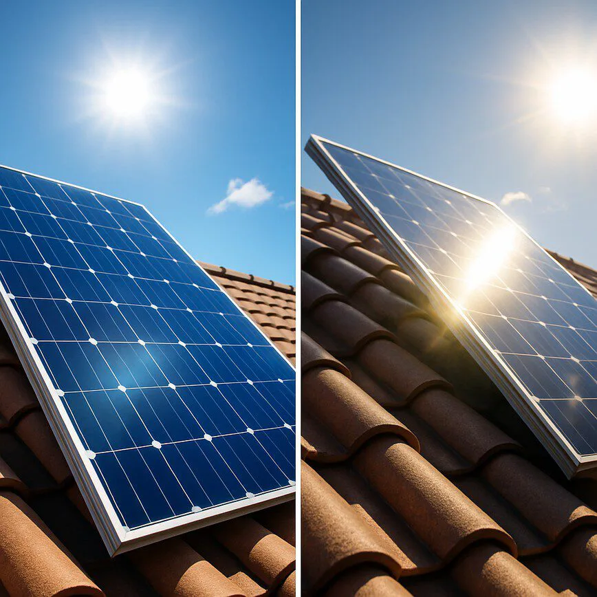 A split image comparing two solar panels. The left panel is angled perfectly towards the sun, absorbing maximum light. The right panel is poorly angled, with sunlight reflecting off its surface, illustrating a loss of efficiency.