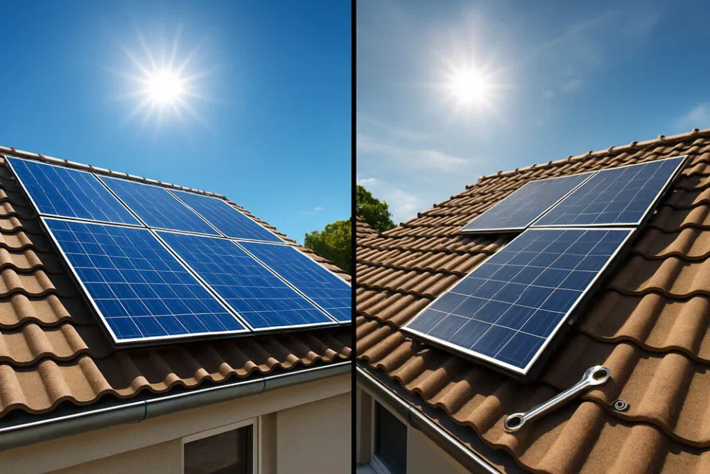 A split image contrasting professional vs. DIY solar panel adjustment. The left shows perfectly aligned solar panels, and the right shows a misaligned panel with tools, symbolizing the choice homeowners face.