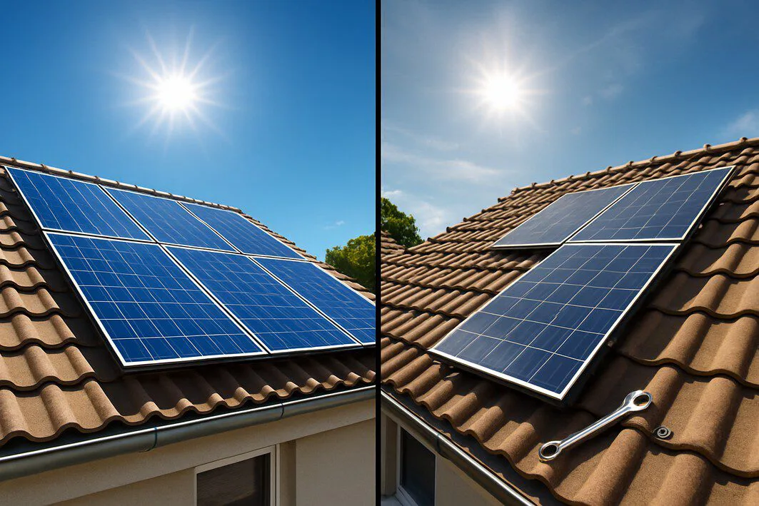 A split image contrasting professional vs. DIY solar panel adjustment. The left shows perfectly aligned solar panels, and the right shows a misaligned panel with tools, symbolizing the choice homeowners face.