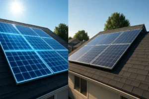 A 3D rendering of a roof with solar panels, comparing a south-facing array with maximum energy output to a west-facing array with lower output, illustrating the 33% rule.