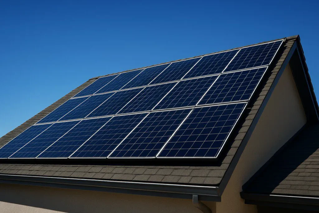 Perfectly oriented solar panels on a modern residential roof, gleaming under a bright sun, illustrating the concept of maximizing solar energy efficiency.