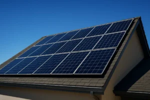 Perfectly oriented solar panels on a modern residential roof, gleaming under a bright sun, illustrating the concept of maximizing solar energy efficiency.