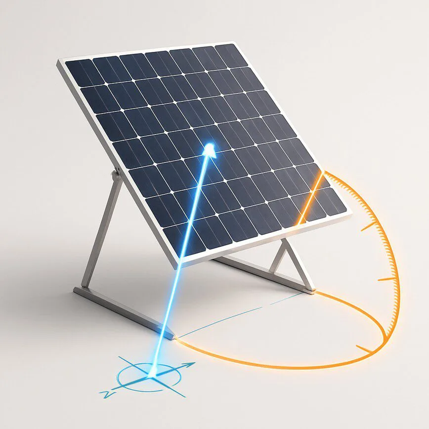A clear, educational diagram to visually explain the two core concepts of solar panel orientation: Azimuth and Tilt.