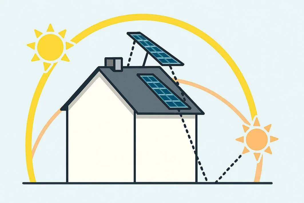An infographic-style image to illustrate how the ideal solar panel tilt angle changes to match the sun's path in different seasons.