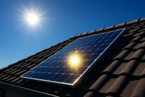 A modern, highly efficient monocrystalline solar panel on a rooftop, gleaming under the bright sun, representing the peak of solar technology and efficiency in 2025.
