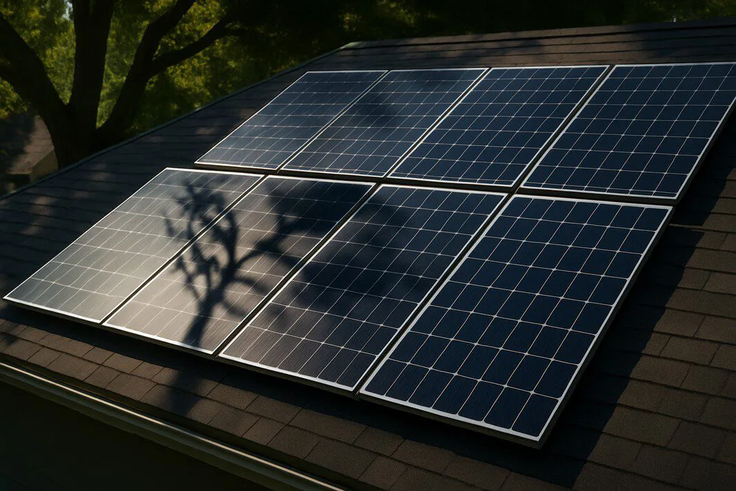To visually demonstrate how shading from obstructions like trees can negatively impact solar panel performance, a key factor discussed in the article.