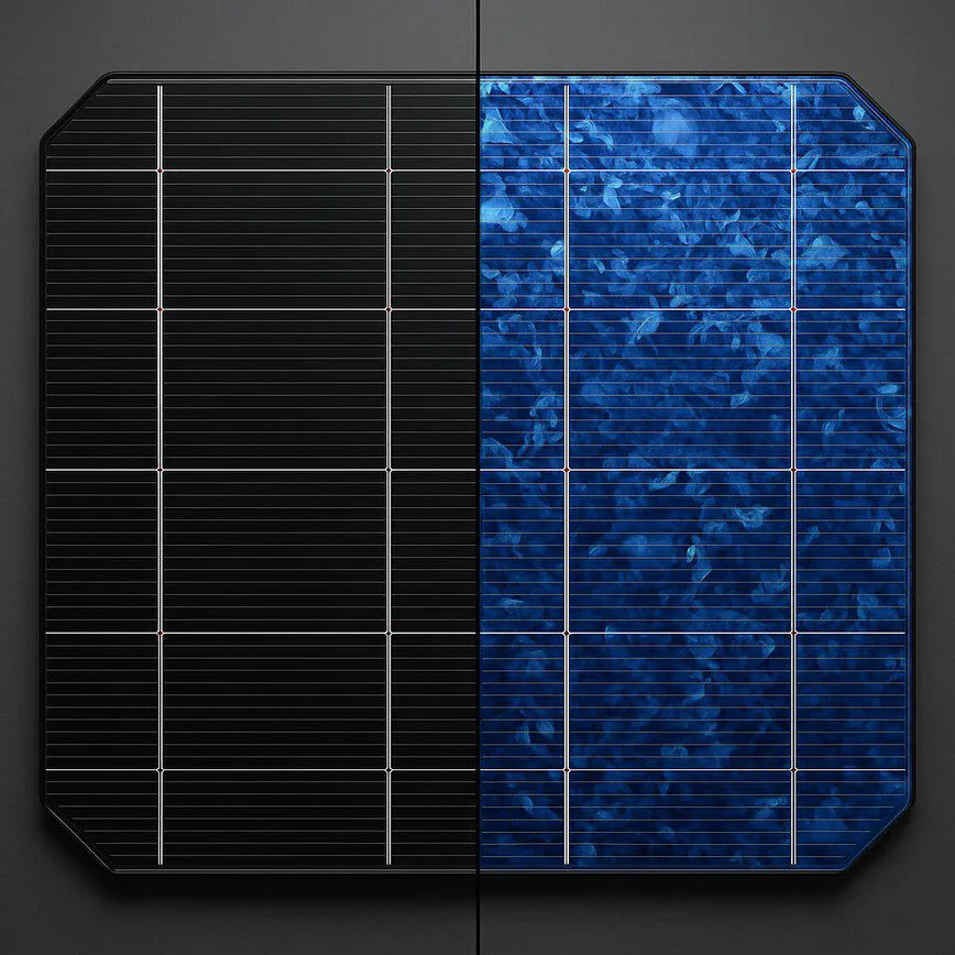 To clearly show the visual difference between the two main types of solar cells, monocrystalline and polycrystalline, helping readers understand the 'Material and Type of Solar Cell' section.