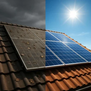A split image contrasting a dirty, inefficient solar panel under a cloudy sky with a clean, highly efficient solar panel under a bright sunny sky.