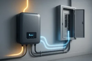 A modern solar inverter mounted on a wall, shown as the brain of a home solar system converting DC to AC power.