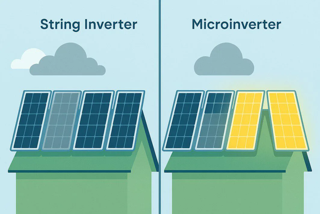 To visually explain the fundamental difference in performance between string inverters and microinverters, especially when dealing with partial shading on solar panels.