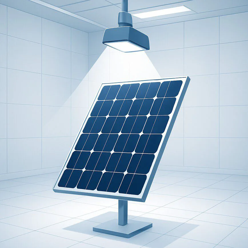 An illustration of a solar panel in a laboratory under Standard Test Conditions, with a focused beam of light representing solar irradiance testing for efficiency calculation.