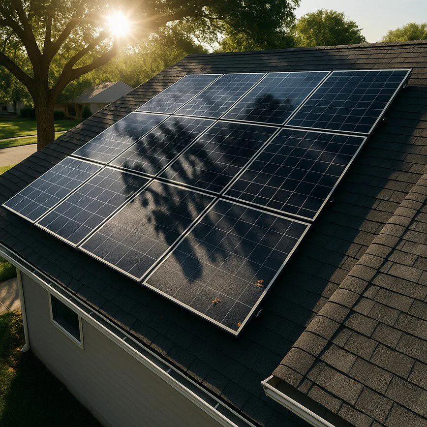 A realistic photo of a solar panel array on a roof, with some panels partially covered by a tree's shadow and light debris, showing real-world factors that affect efficiency.