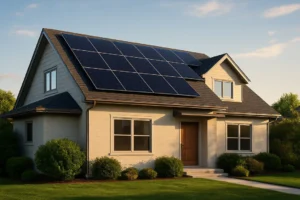 A modern home with a complete solar panel system on the roof, basking in the warm light of a sunny day, representing a residential solar energy solution.