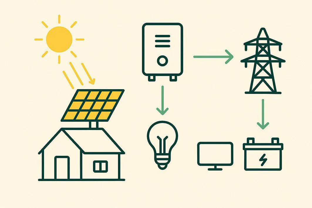To illustrate the flow of energy from the sun to the home, battery, and grid, as explained in the 'How Do All These Solar Parts Work Together?' section.
