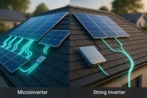 A split-screen comparison of solar inverters. The left shows microinverters with efficient, independent energy flow from each panel. The right shows a string inverter with a bottlenecked energy flow from all panels combined.