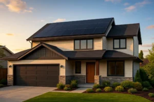 A modern suburban home with a newly completed solar panel installation on the roof, basking in the bright afternoon sun, symbolizing energy independence and reduced carbon footprint.