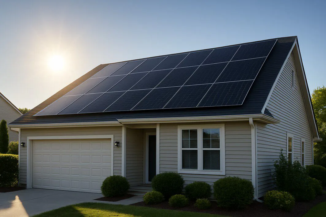 A modern suburban home with new solar panels on the roof, bathed in the warm light of the sun, representing the positive investment of solar energy in 2025.