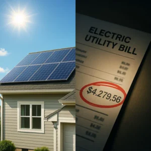 A split image showing clean solar panels on a sunny day on one side, and a high electric bill in a dark setting on the other, illustrating the problem of high energy costs with solar.
