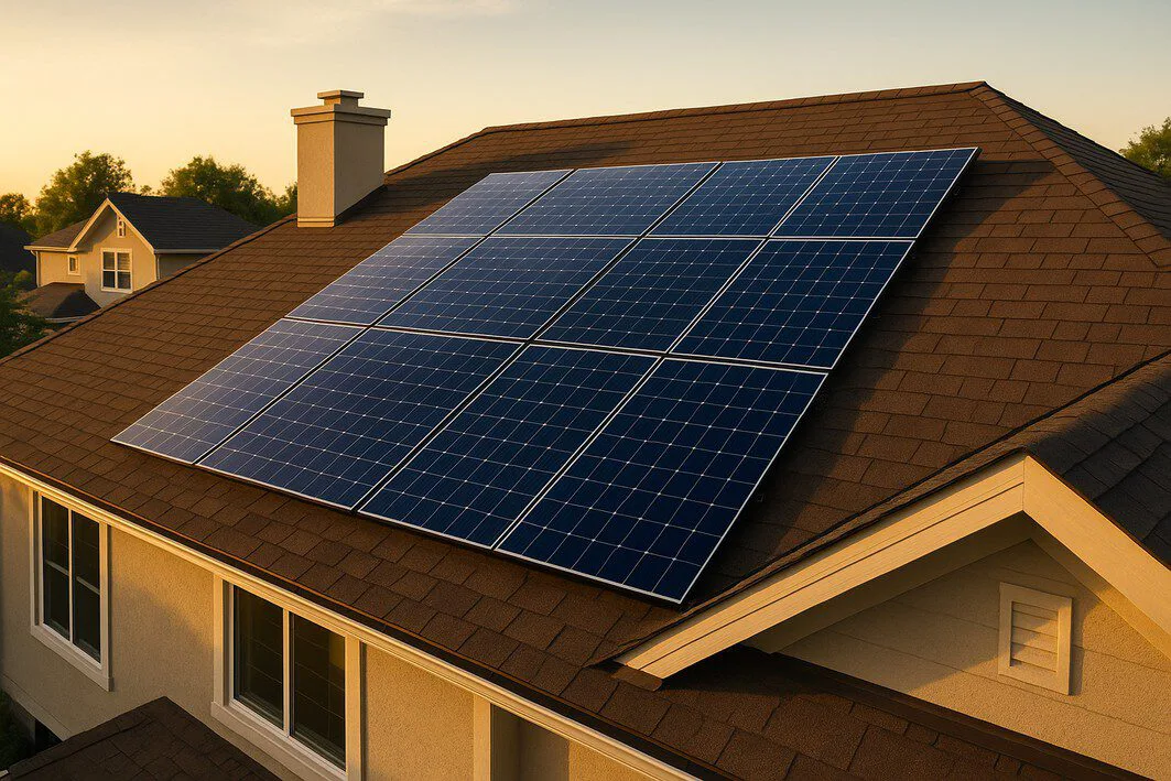 A professionally installed solar panel array on the roof of a modern home at sunset, illustrating the importance of proper design and safety rules for residential solar.