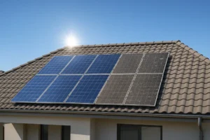 A split view of solar panels on a residential roof; one side is perfectly clean and efficient, while the other is covered in dirt, illustrating the importance of solar panel maintenance.