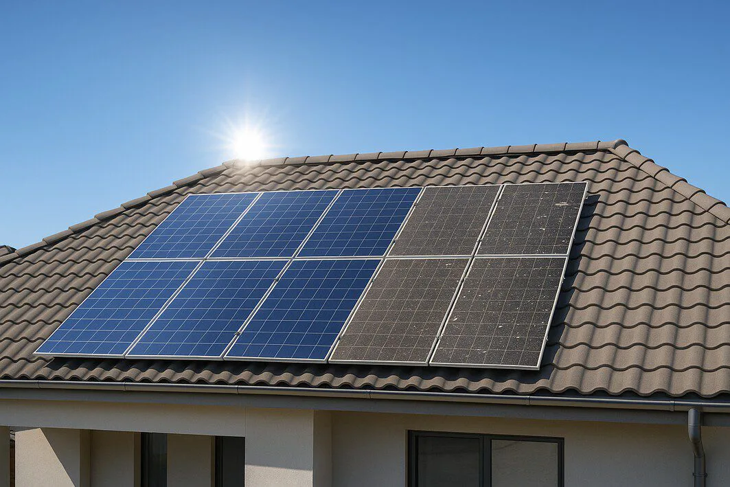 A split view of solar panels on a residential roof; one side is perfectly clean and efficient, while the other is covered in dirt, illustrating the importance of solar panel maintenance.