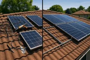 A split-screen image comparing a messy, hazardous DIY solar panel installation on the left with a clean, perfectly aligned professional installation on the right.