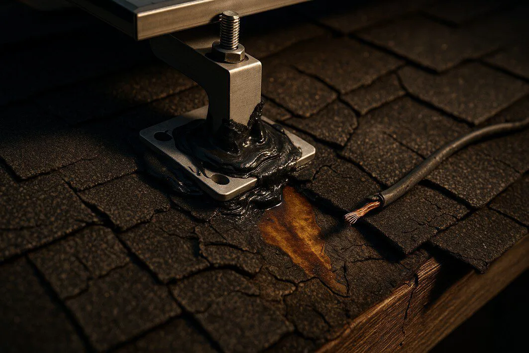 To visually represent the serious risks of improper DIY installation, such as roof damage and electrical hazards.
