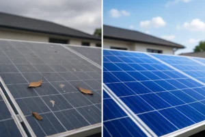 A split-screen image contrasting a dirty, inefficient solar panel with a clean, highly efficient one, symbolizing the importance of solar panel maintenance cost.