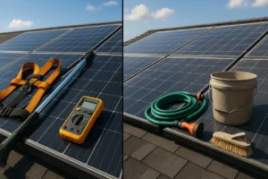 A split image contrasting professional solar maintenance tools like safety gear and diagnostic equipment against DIY tools like a bucket and hose, symbolizing the homeowner's choice.