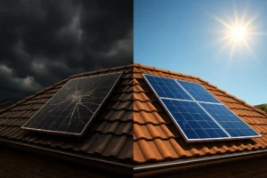 A split image showing a damaged solar panel under a stormy sky on one side, and a perfectly repaired solar panel under a sunny sky on the other, illustrating emergency solar repair services.