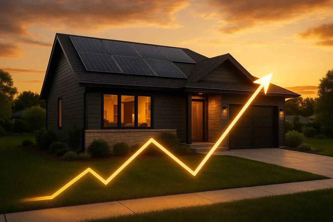 A modern home with solar panels on the roof at sunset, with a glowing line graph illustrating a positive return on investment over time.