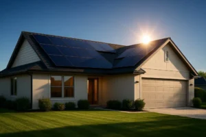 A modern home with solar panels on its roof, bathed in the warm light of the setting sun, symbolizing a positive return on investment from clean energy.