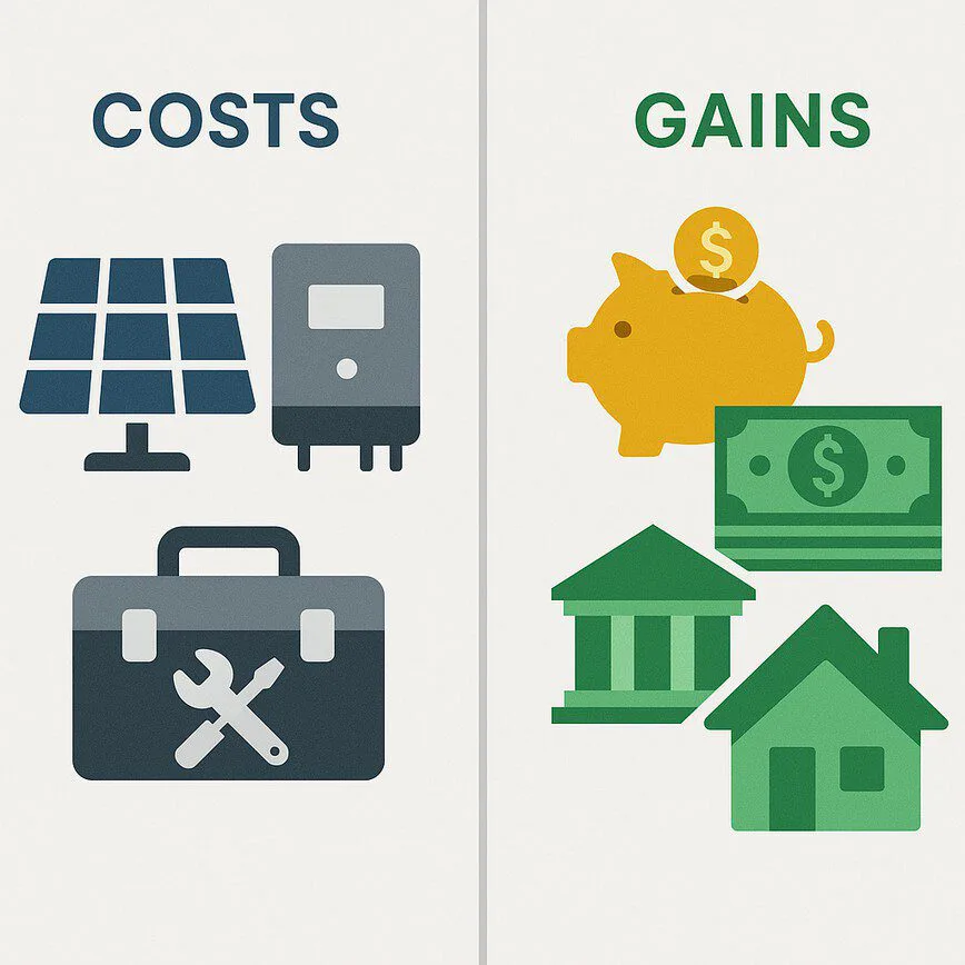 To visually explain the components of the solar ROI calculation, showing the contrast between initial costs and long-term financial gains.