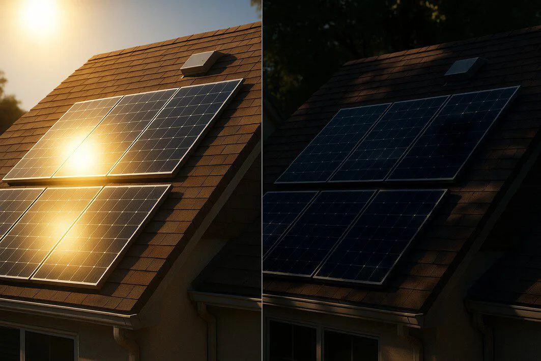 To illustrate the most critical factor affecting solar ROI: sunlight exposure. This image will show a clear 'good vs. bad' scenario.