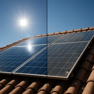 A split image of residential solar panels; one side is perfectly clean and gleaming in the sun, while the other side is covered in dirt and dust, illustrating the importance of solar panel maintenance.