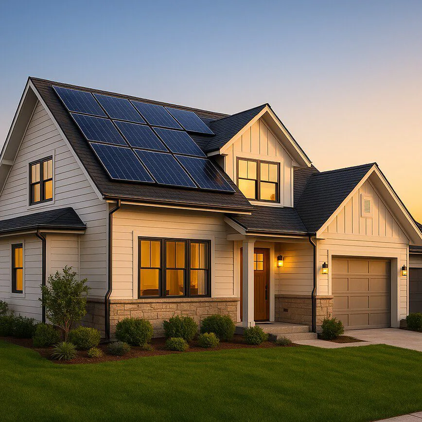 A modern home with solar panels on the roof, bathed in the warm light of a sunset, symbolizing the positive return on investment for solar energy.