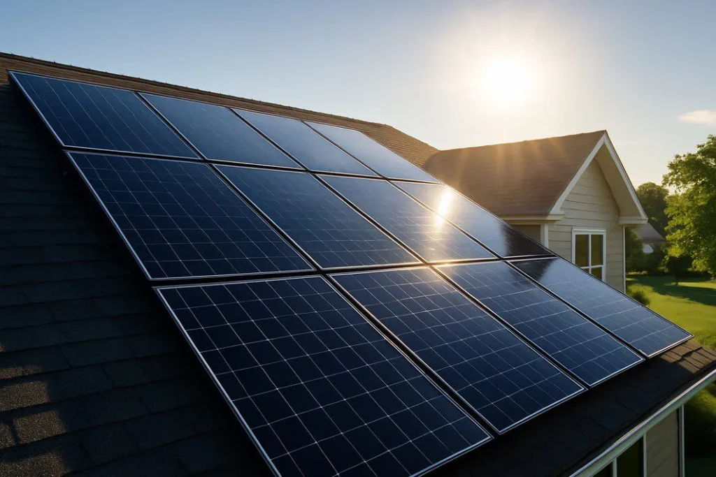 A modern home with sleek, black solar panels on the roof, basking in bright sunlight, representing the best solar panels for home use in 2025.