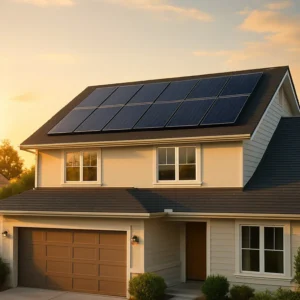 A modern home with sleek solar panels installed on the roof, bathed in the warm light of a setting sun, representing the financial and environmental benefits of residential solar energy.