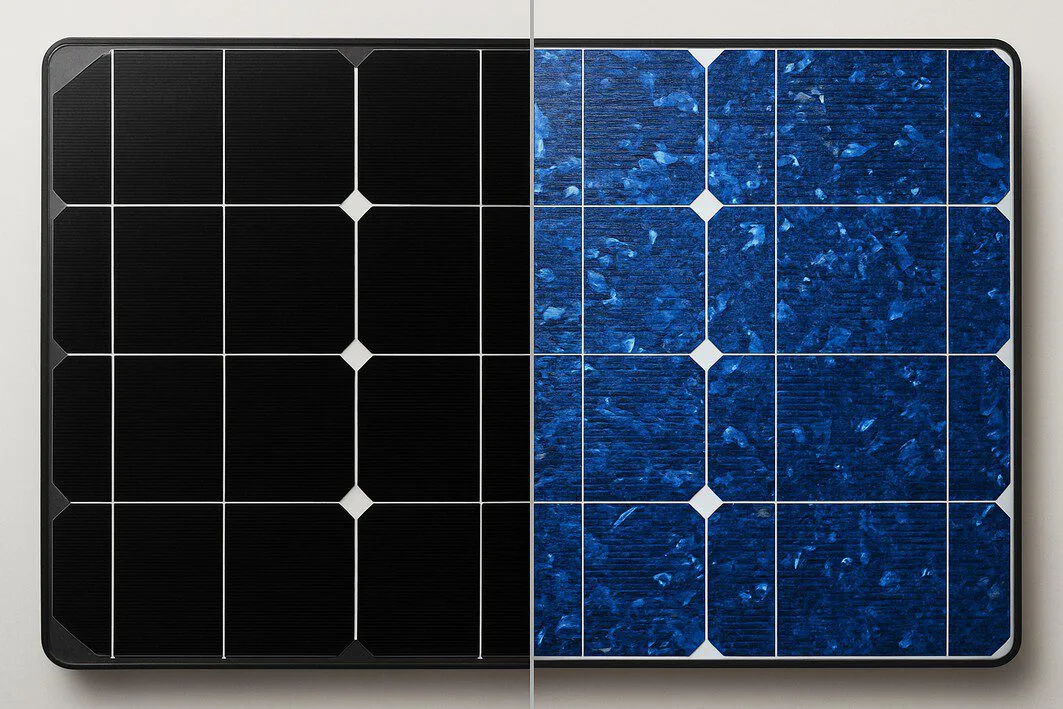 To visually differentiate between monocrystalline (black, premium) and polycrystalline (blue, budget) solar panels, which is a key factor influencing the total cost.