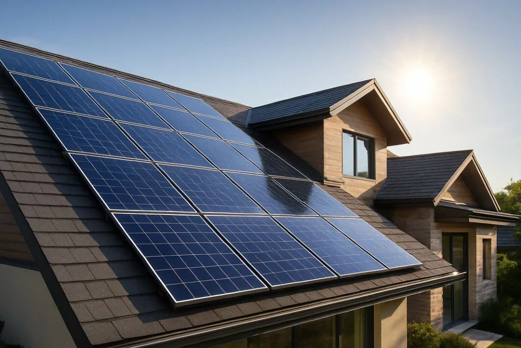 Sleek, high-efficiency solar panels from a premium brand like SunPower, Maxeon, or Panasonic installed on the roof of a modern home during a sunny day.