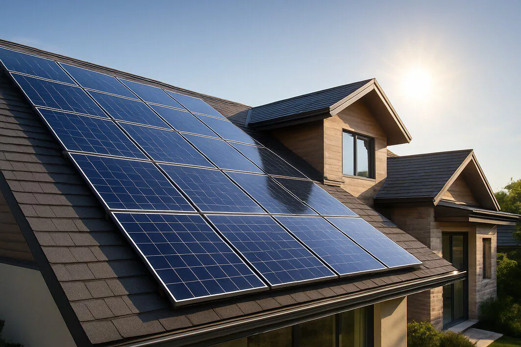 Sleek, high-efficiency solar panels from a premium brand like SunPower, Maxeon, or Panasonic installed on the roof of a modern home during a sunny day.