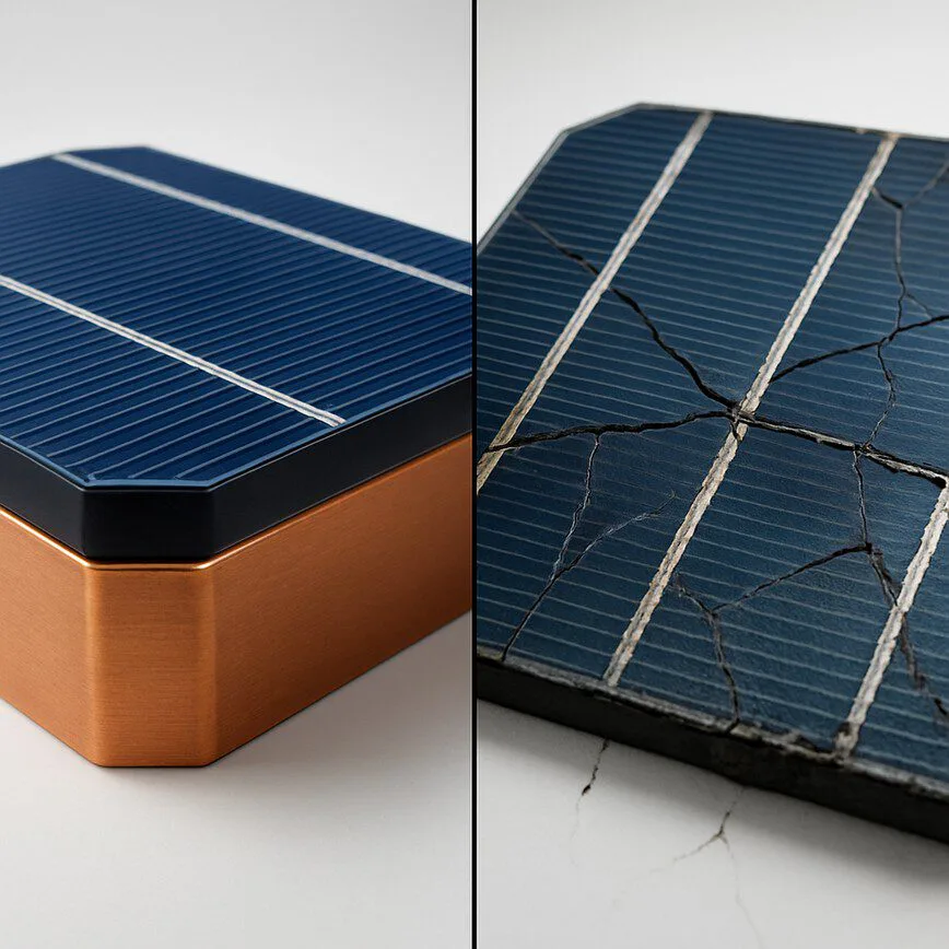 To visually compare the superior durability of a high-end solar panel (like Maxeon's) with a conventional panel, illustrating the concepts of cracking and degradation discussed in the 'Durability and Warranty' section.