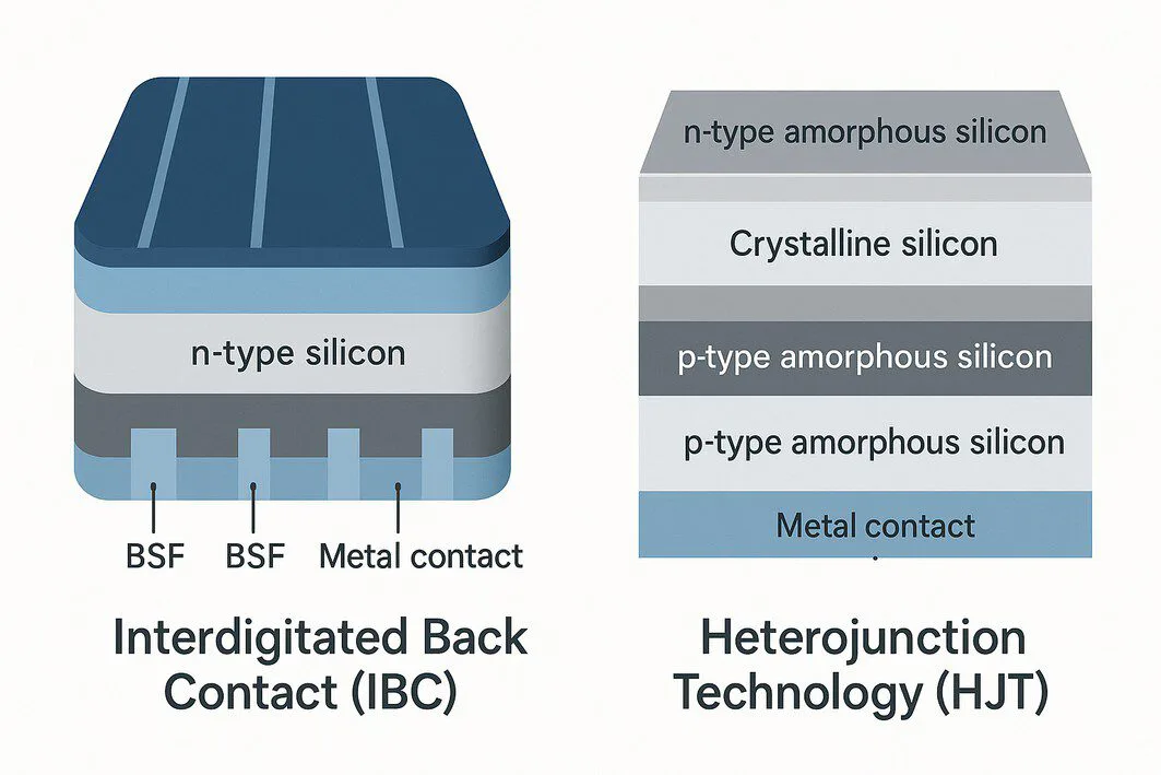 To illustrate the two different advanced cell technologies discussed in the article: SunPower/Maxeon's IBC and Panasonic's HJT, making the technical concepts easier to understand.