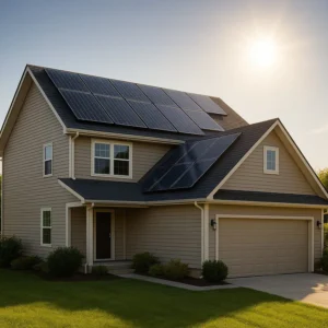 A modern suburban home with a perfectly sized array of solar panels on the roof, basking in bright sunlight, illustrating the concept of residential solar energy.