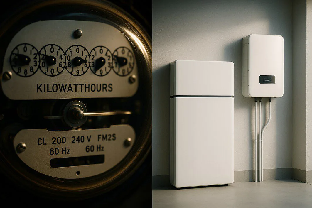 To illustrate the components of a complete solar system 'beyond the panels', contrasting the old way (electric meter) with the new solution (battery storage and inverter).