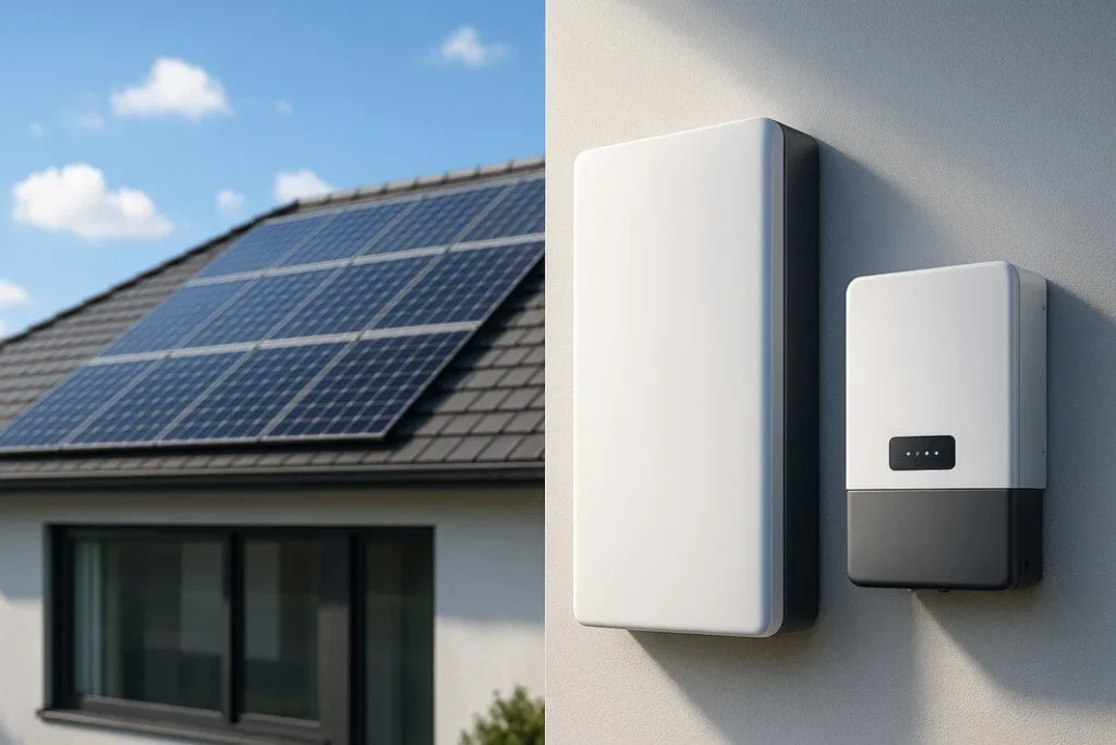 A complete solar panel kit with a sleek battery and inverter in front of a modern home with solar panels on the roof, representing an all-in-one residential energy solution.